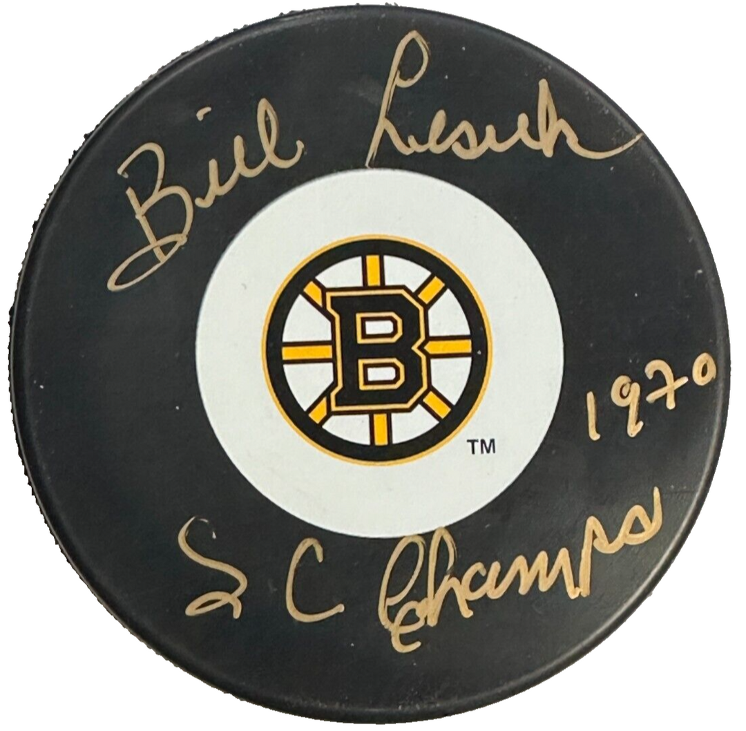 Bill Lesuk Autographed Boston Bruins Hockey Puck W/ 1970 SC Champs BAS