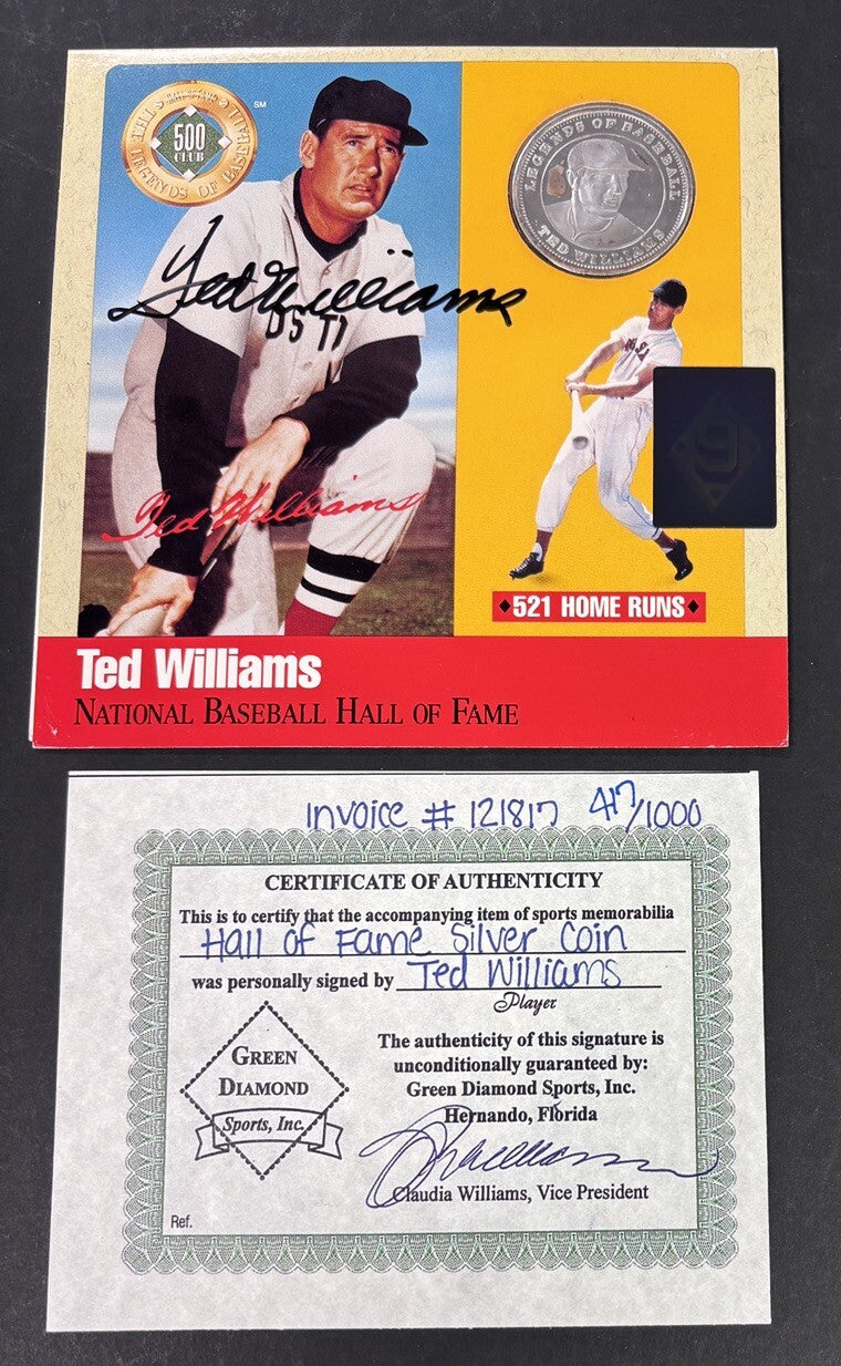 Ted Williams Hall Of Fame Signed Silver Proof Coin Green Diamond COA Red Sox HOF