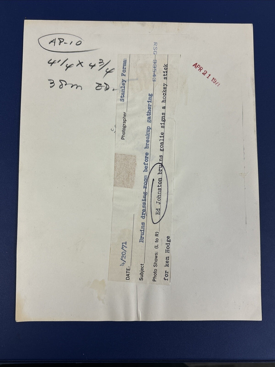 1970’s Ed Johnston Ken Hodge Original Boston Bruins Team Photo 7x9