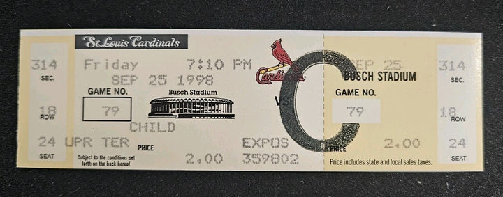 9/25/98 Cardinals vs. Expos Full Ticket Mark McGwire Home Run #66