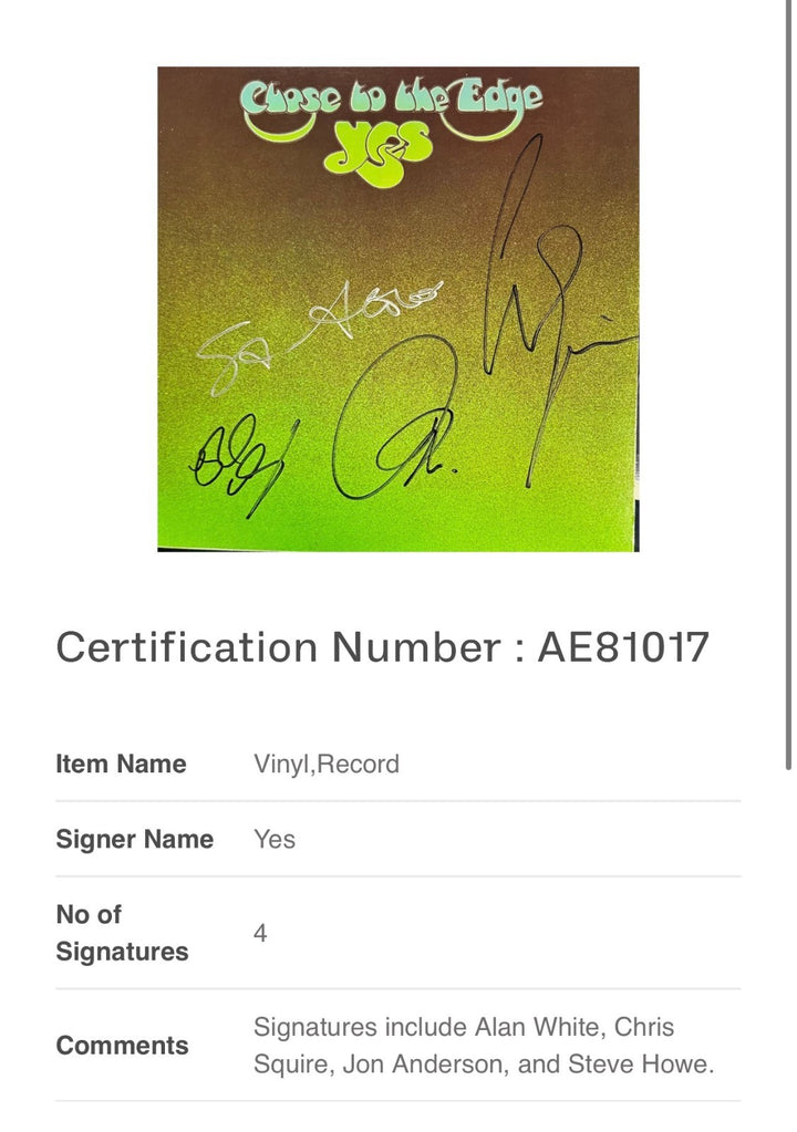 YES Signed Close to the Edge Record Album Jon Anderson White Squire Howe BAS