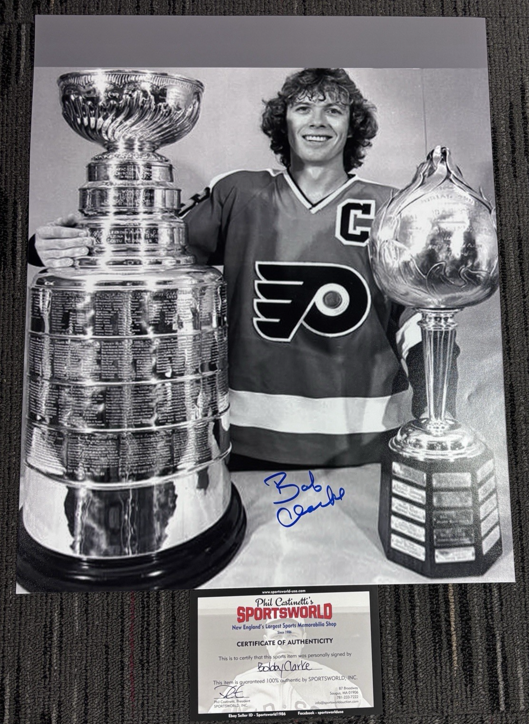 Bobby Clarke W/ Stanley Cup & Hart Trophy Signed 16x20 Photo HOF Flyers