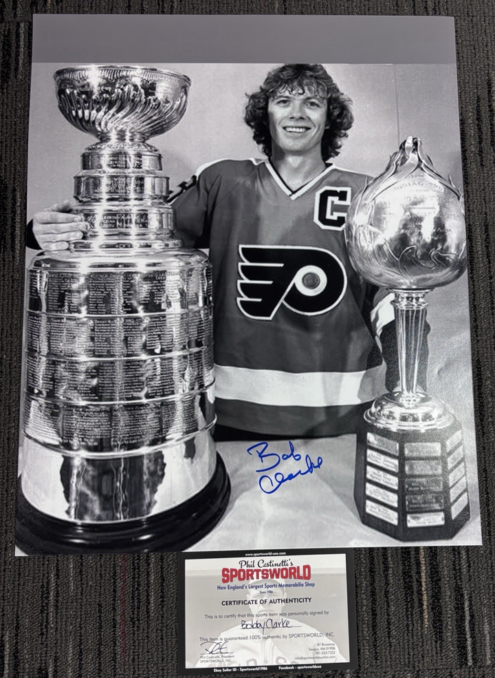 Bobby Clarke W/ Stanley Cup & Hart Trophy Signed 16x20 Photo HOF Flyers