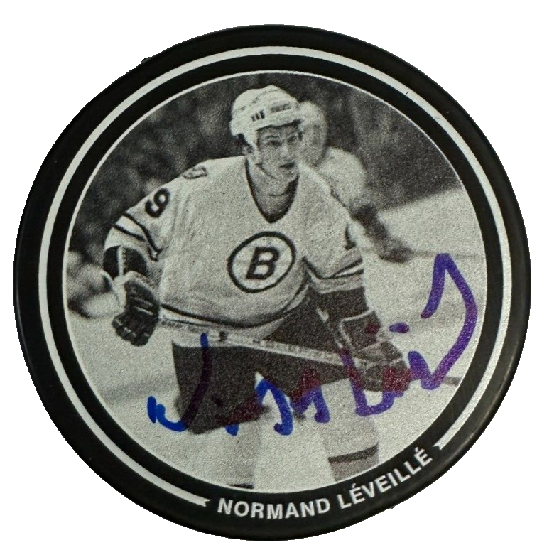 Normand Leveille Autographed Boston Bruins Photo Puck NHL