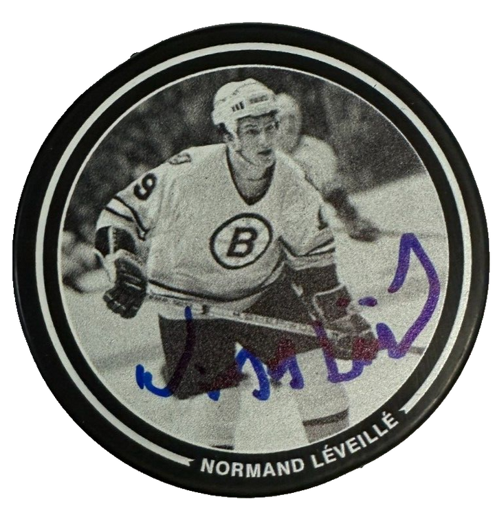 Normand Leveille Autographed Boston Bruins Photo Puck NHL