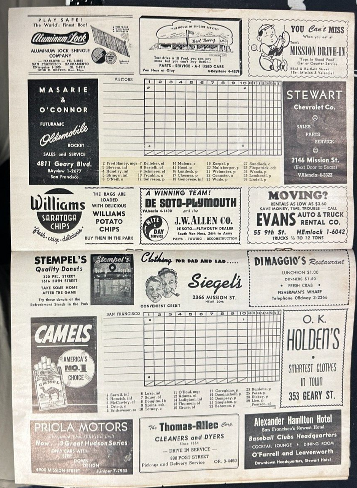 1951 San Francisco Seals Vs the Hollywood Stars Baseball Program PCL