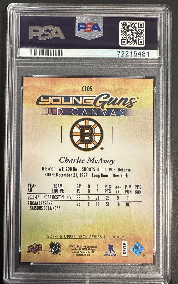 2017 Upper Deck Young Guns Canvas Charlie McAvoy Rookie Card PSA 10 Gem Mint