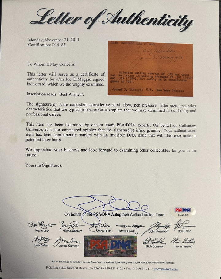 Joe DiMaggio Autographed Cut Signature Index Card PSA/DNA Yankees
