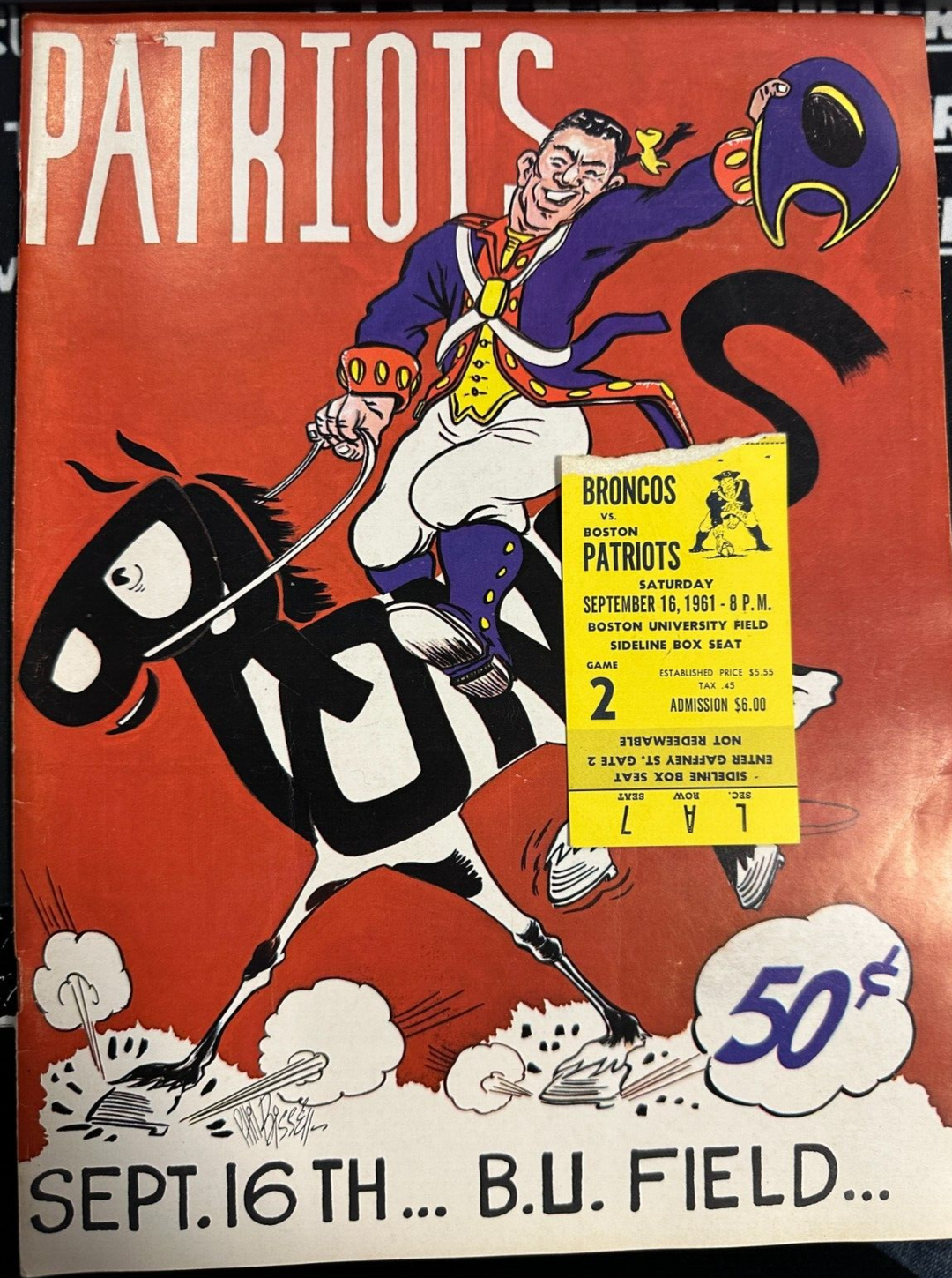 Sept 16, 1961 Boston Patriots & Denver Broncos Program & Ticket Stub AFL