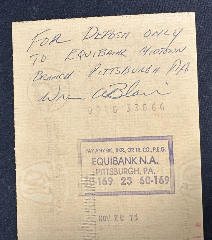 Wren Blair Twice Autographed 1975 Pittsburgh Penguins Payroll Check NHL