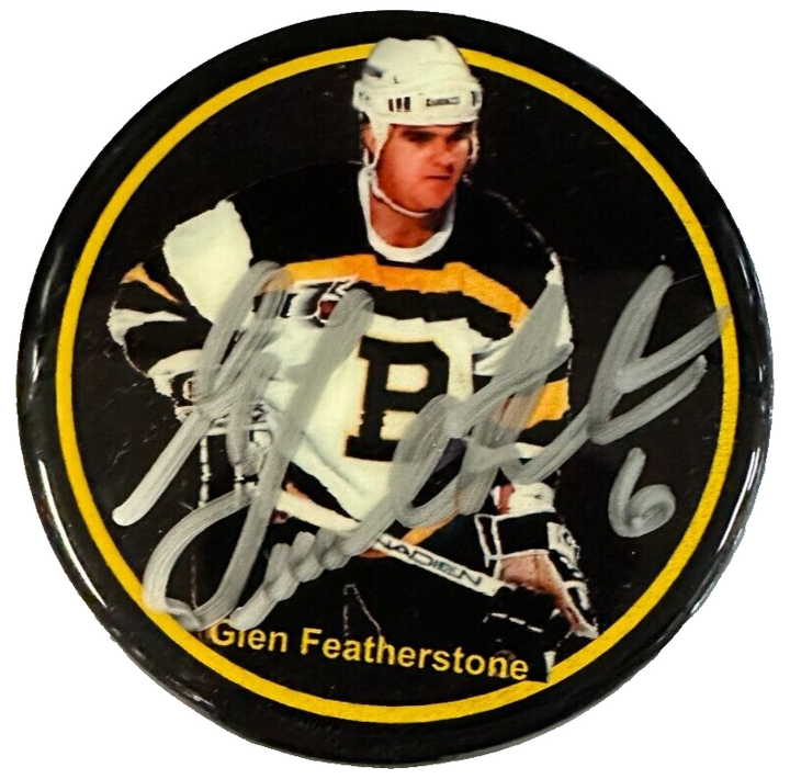 Glen Featherstone Autographed Boston Bruins Photo Puck NHL