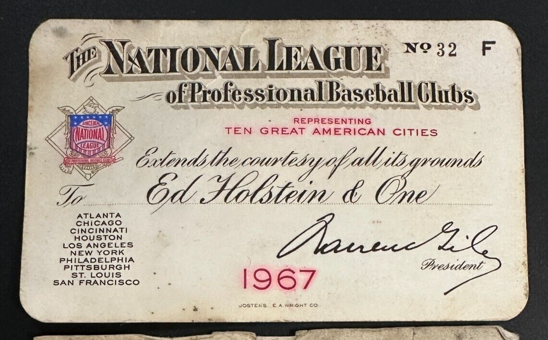 1967 Official National League Season Pass, Schedule & Case Warren Giles