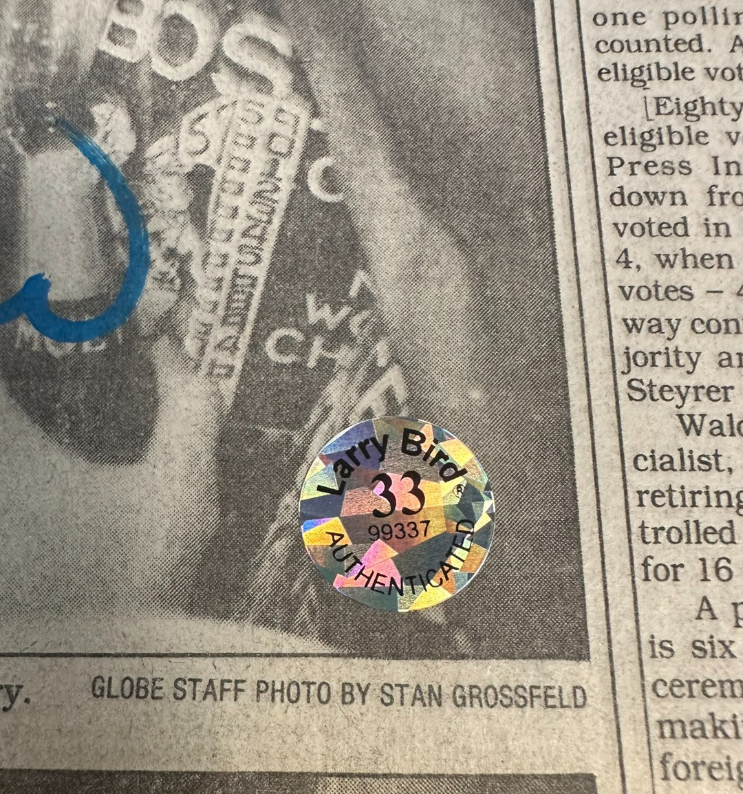 Larry Bird Autographed 6/9/1986 Issue of the Boston Globe World Champions
