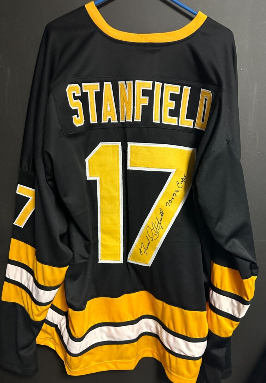 Fred Stanfield Autographed Boston Bruins Replica Jersey W/ 70 & 72 Cups Insc