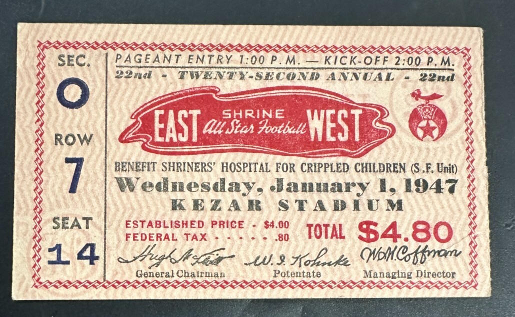 Vintage 1947 East Vs West Shrine Game Ticket Stub Kezar Stadium