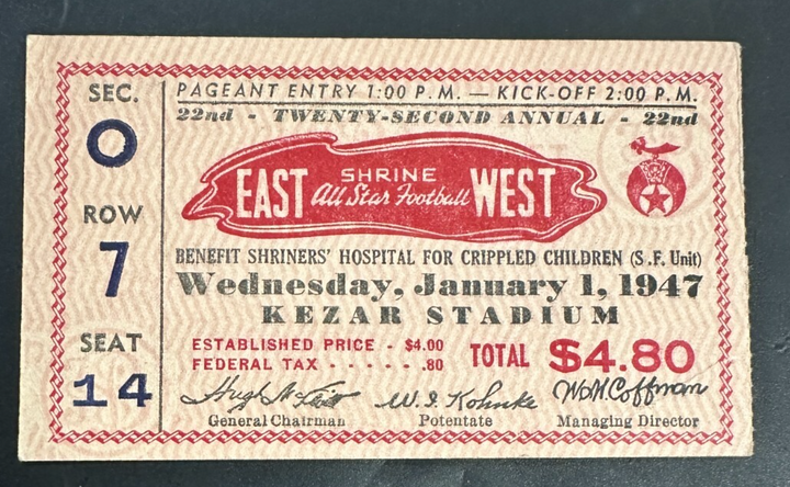 Vintage 1947 East Vs West Shrine Game Ticket Stub Kezar Stadium