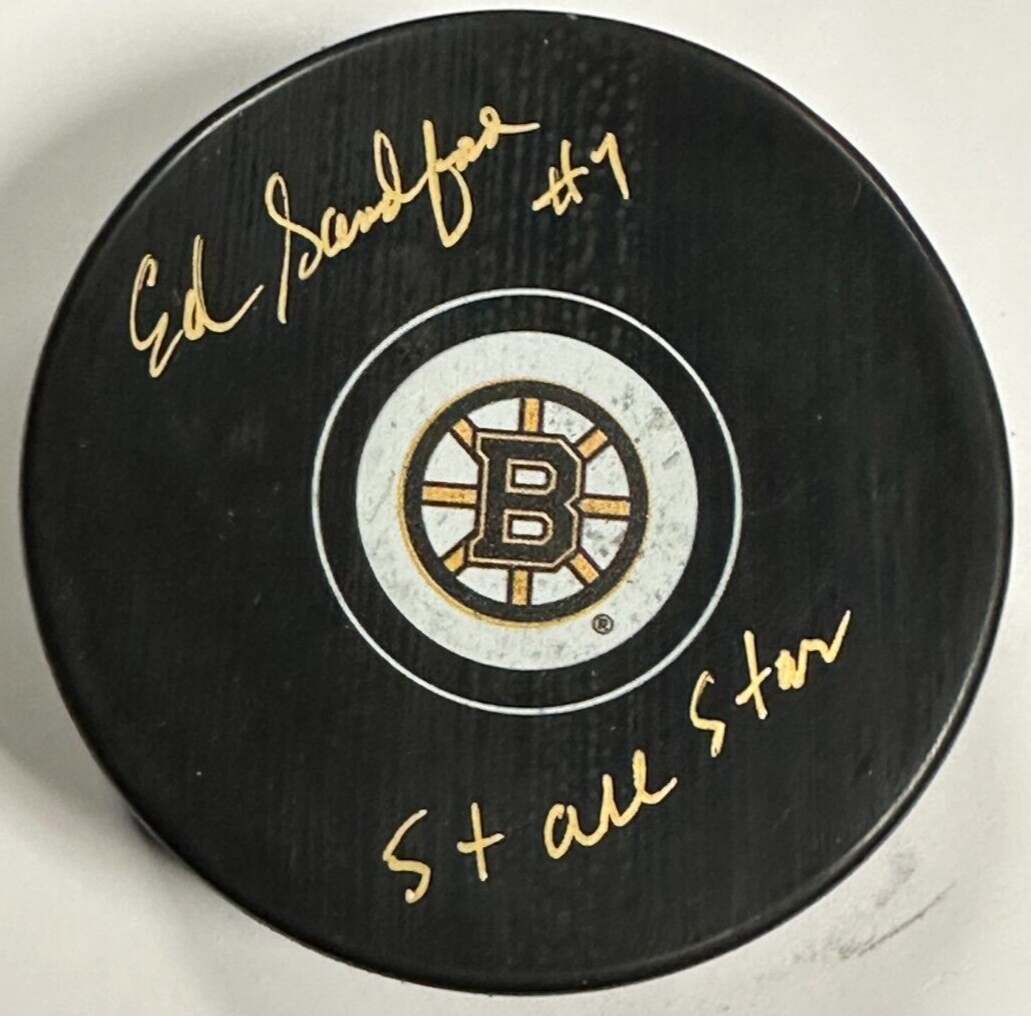 Ed Sanford Autographed Boston Bruins Hockey Puck W/ 5x All-Star BAS