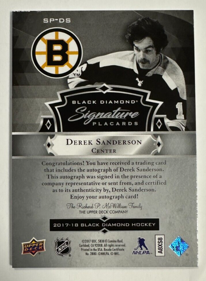 2017-18 UD Black Diamond Signature Placards Derek Sanderson Autographed Card