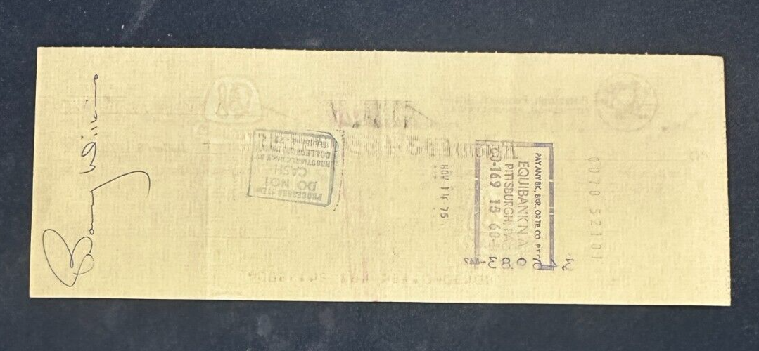 Wren Blair & Barry Wilkins Autographed 1975 Pittsburgh Penguins Payroll Check