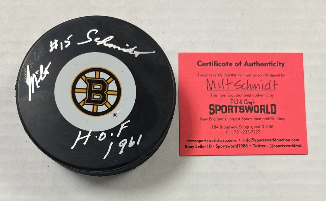 Milt Schmidt HOF Inscribed Signed Puck Autographed Boston Bruins