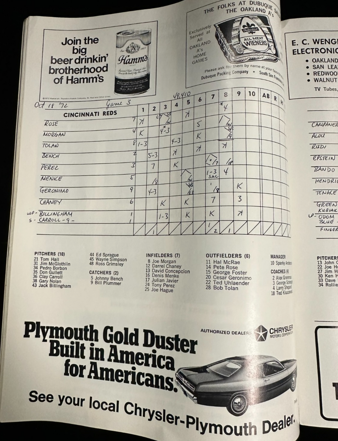 1972 World Series Program Oakland A's & Cincinnati Reds Game 3 Scored