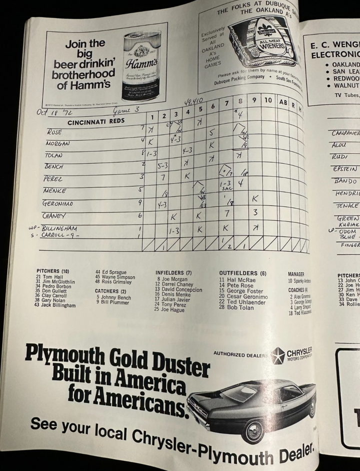 1972 World Series Program Oakland A's & Cincinnati Reds Game 3 Scored
