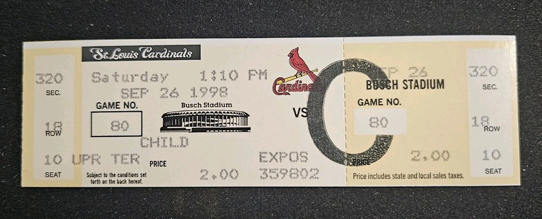 9/26/98 Cardinals vs. Expos Full Ticket Mark McGwire Home Run #67 & 68