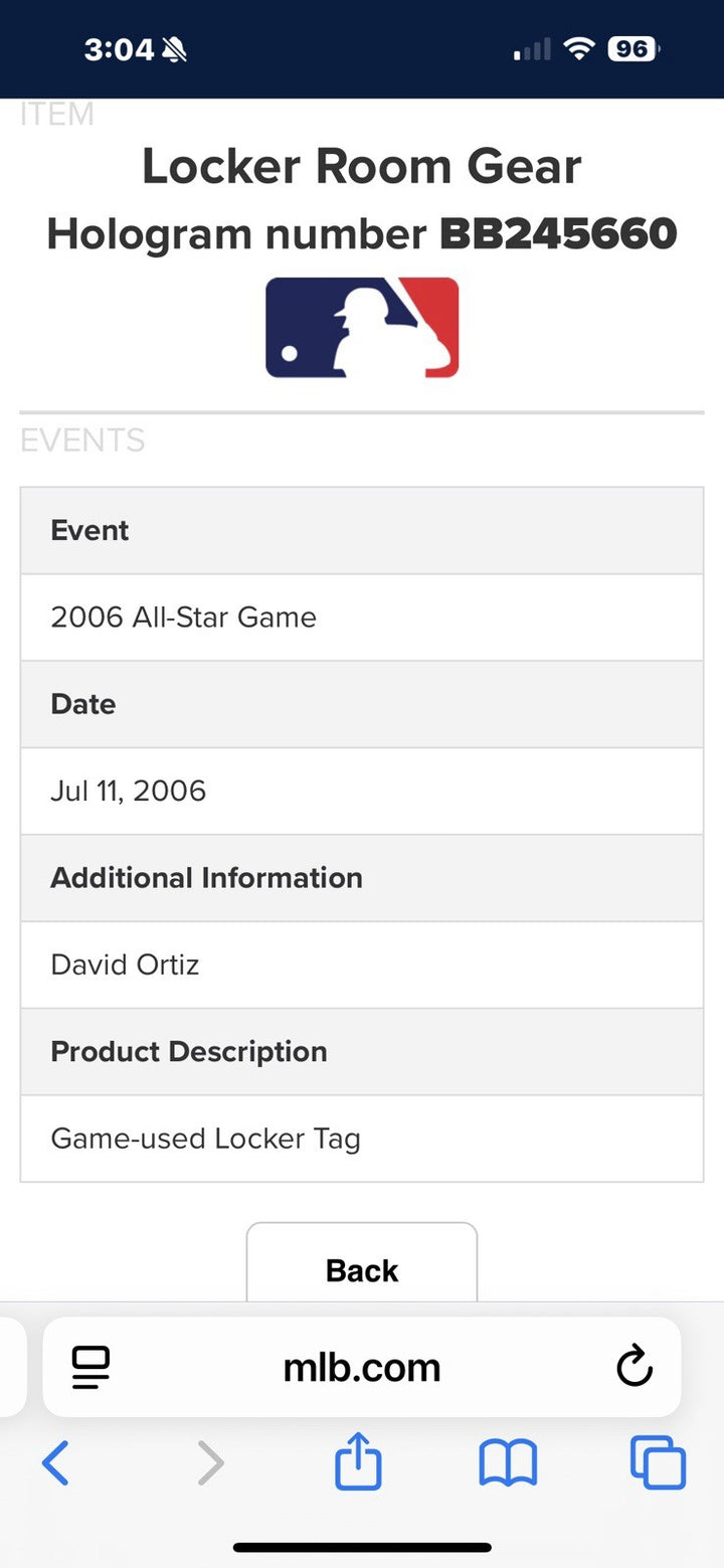 David Ortiz MLB Authenticated 2006 All Star Game Locker Tag 1/1 Boston Red Sox