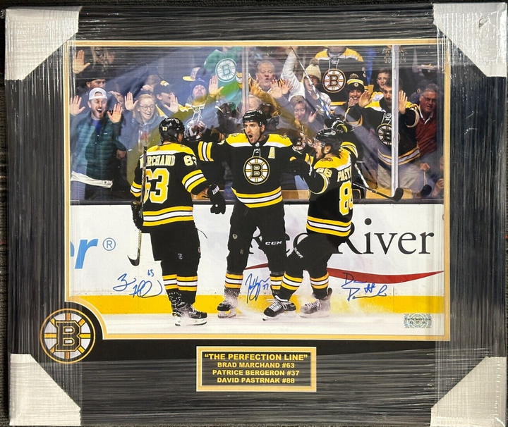 The Perfection Line Autographed 16x20 Photo Bergeron Marchand Pastrnak Hologram