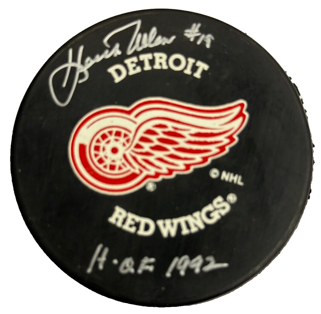 Keith Allen Autographed Detroit Red Wings Hockey Puck W/ HOF 1992 BAS