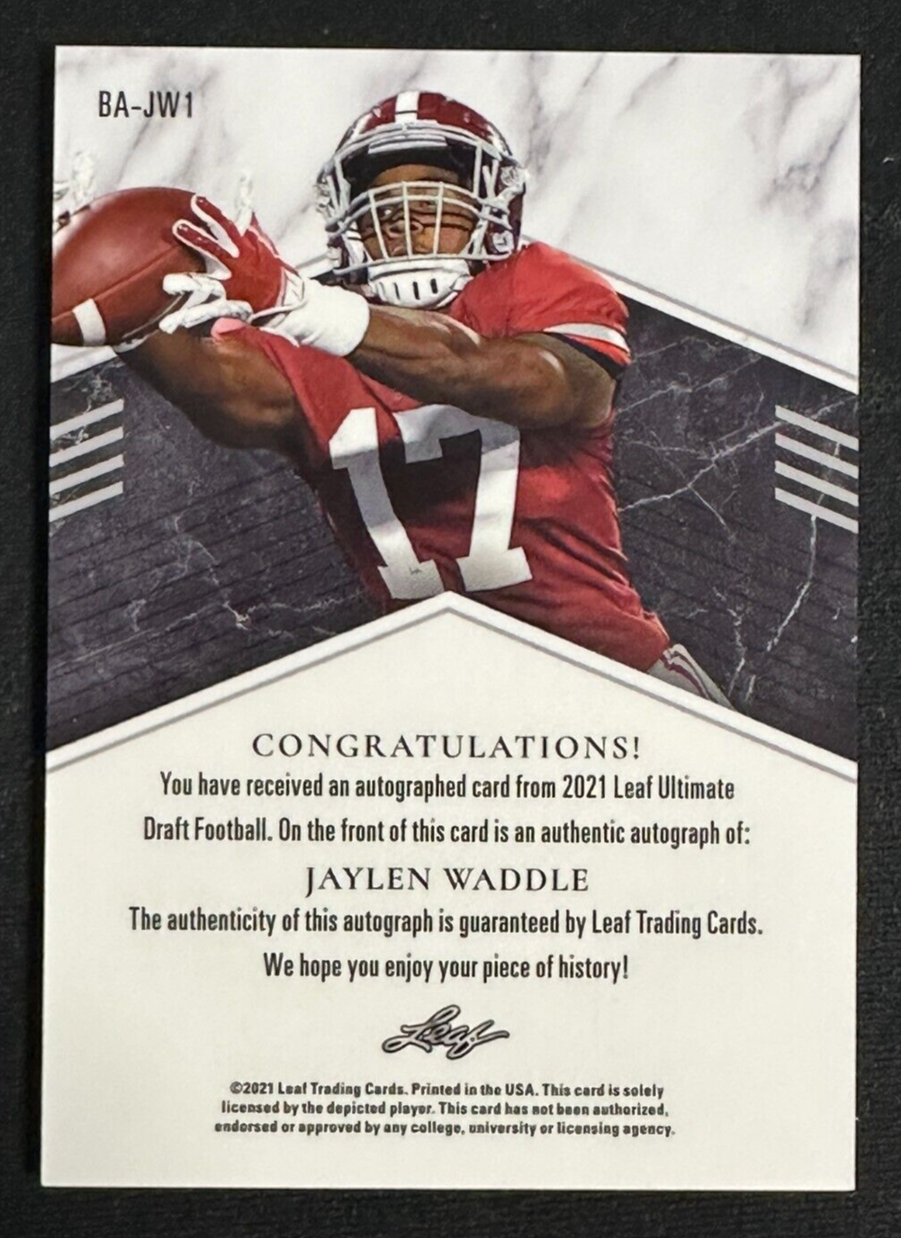 2021 Leaf Ultimate Draft Jaylen Waddle Autographed Rookie Card SP  13/99