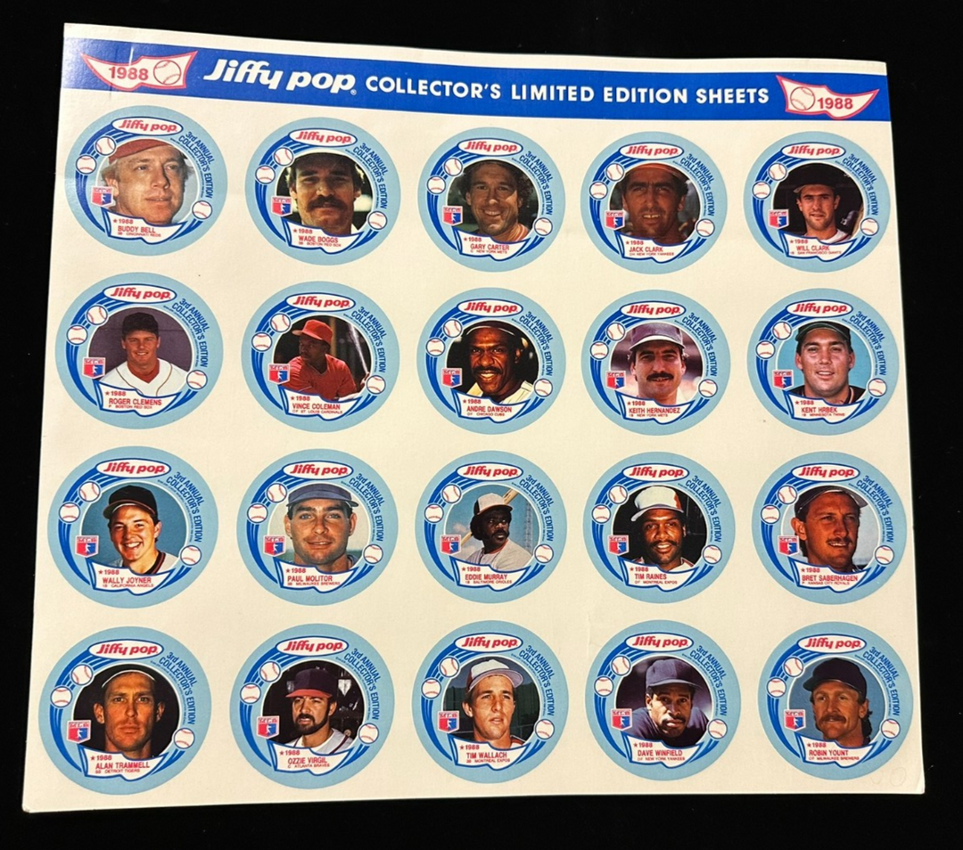 1988 Jiffy Pop Baseball Uncut Sheet Yount Molitor Winfield Clemens Boggs Carter