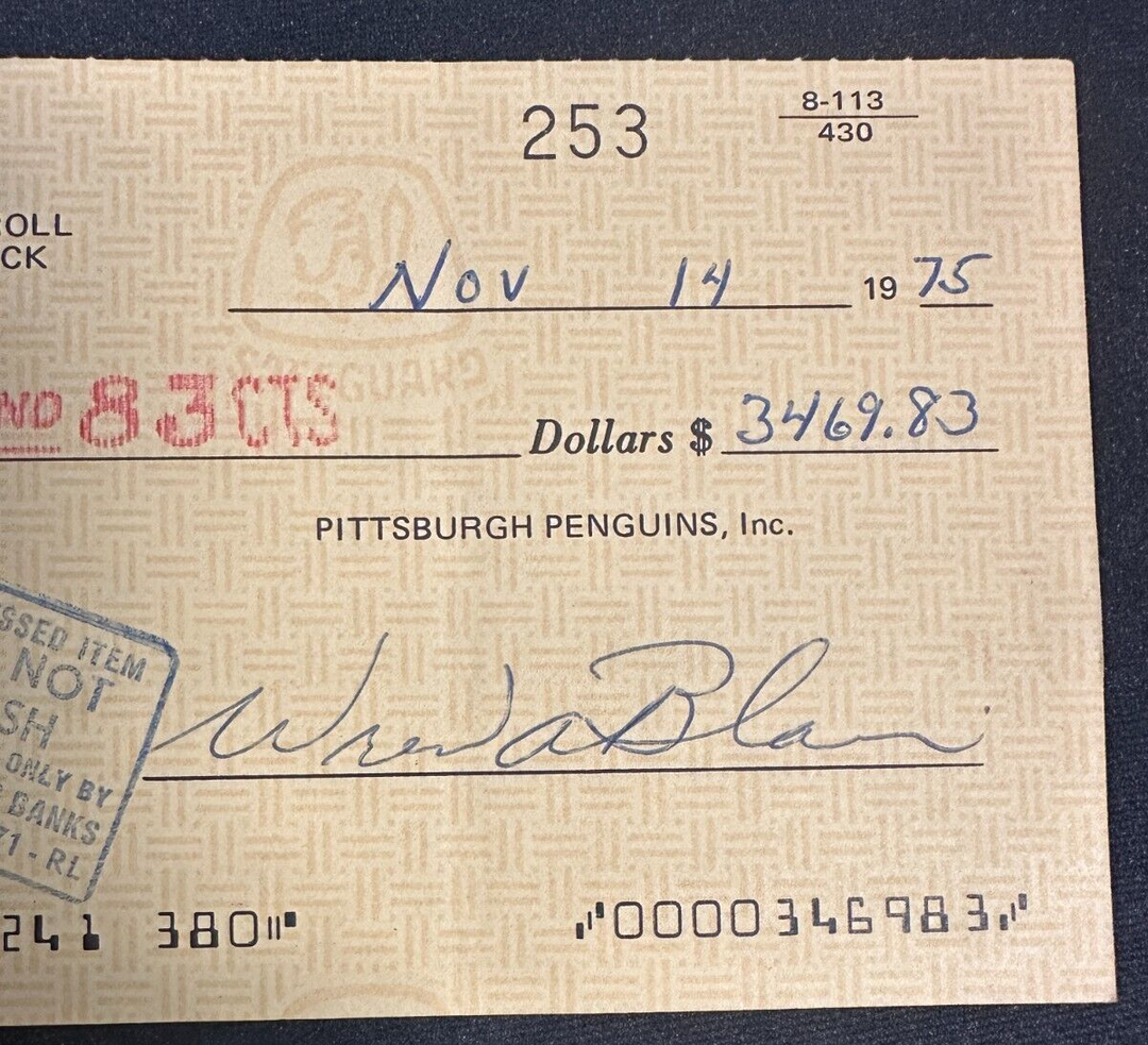 Wren Blair & Barry Wilkins Autographed 1975 Pittsburgh Penguins Payroll Check