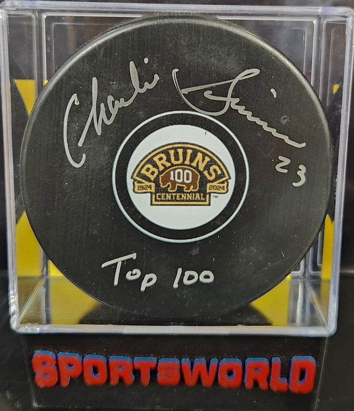 Charlie Simmer Autographed Inscribed Boston Bruins 100th Anniversary Puck COA