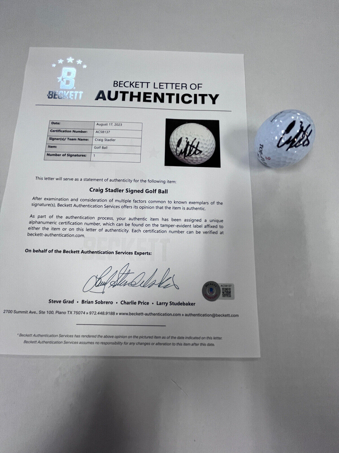 Craig Stadler Autographed Signed Golf Ball PGA W/Cube Beckett LOA