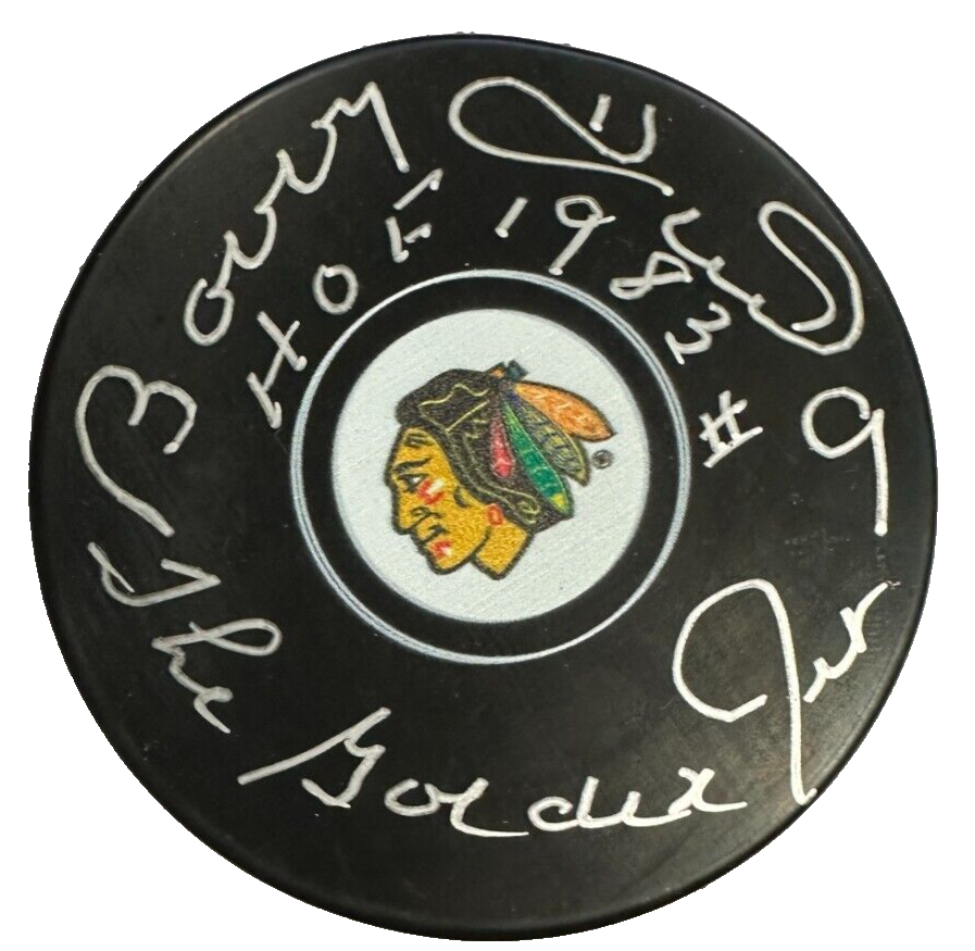 Bobby Hull Autographed Chicago Blackhawks Puck JSA W/ HOF 1983 & Golden Jet