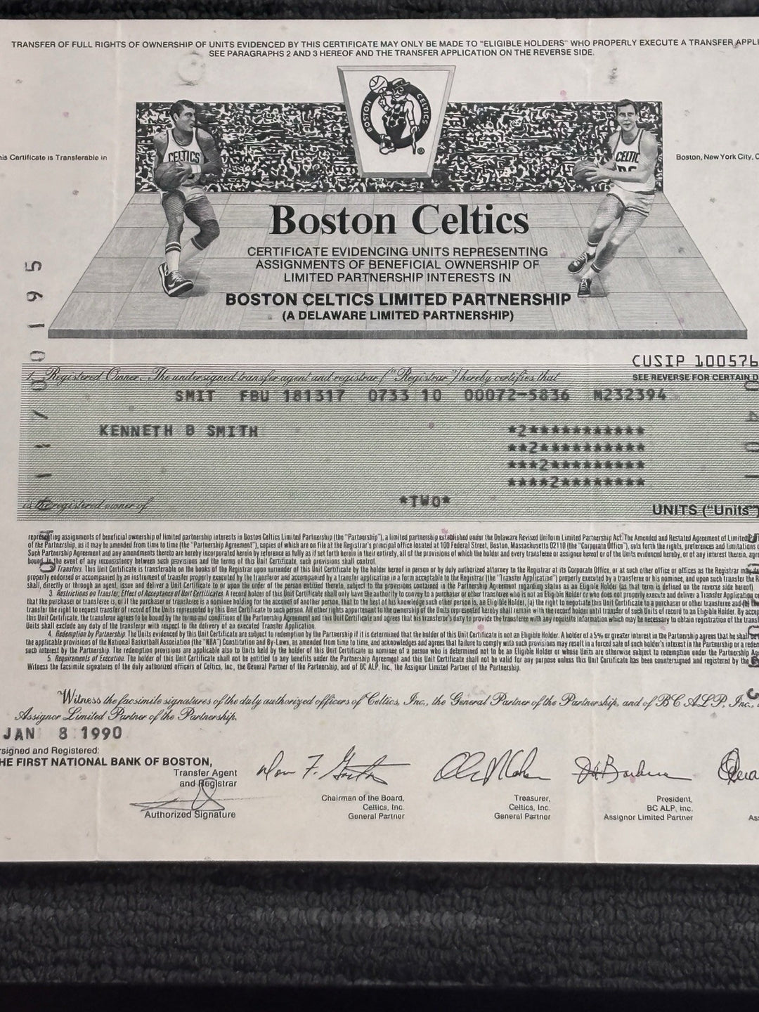 Framed 1990 Boston Celtics Limited Partnership Stock Certificate Vintage 2 Units