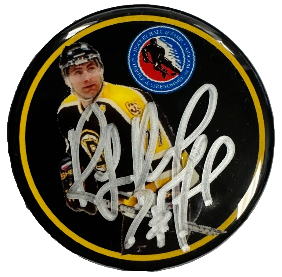 Ray Bourque Autographed Retirement Bruins Photo Puck W/HOF Logo