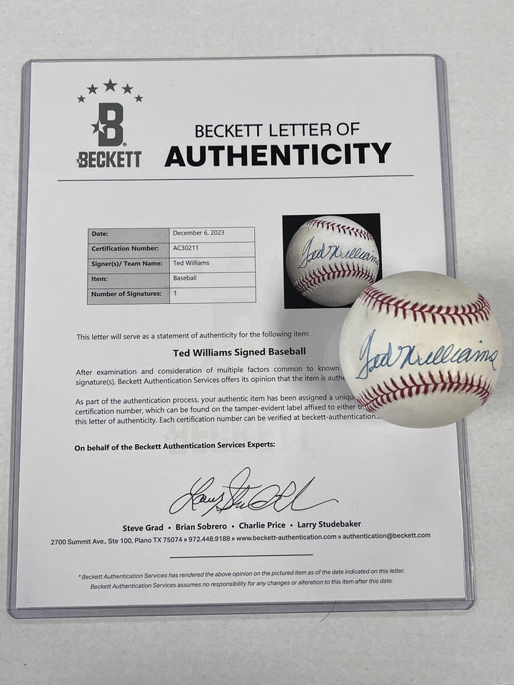 Ted Williams Signed Baseball Beckett COA Boston Red Sox HOF