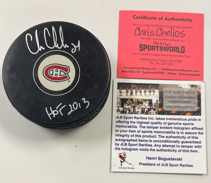 Chris Chelios HOF Inscribed Signed Montreal Canadians Puck Sportsworld JLB COA