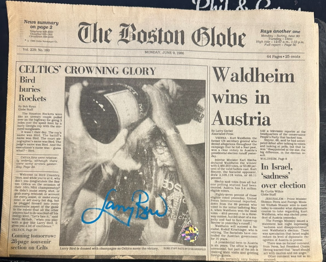 Larry Bird Autographed 6/9/1986 Issue of the Boston Globe World Champions