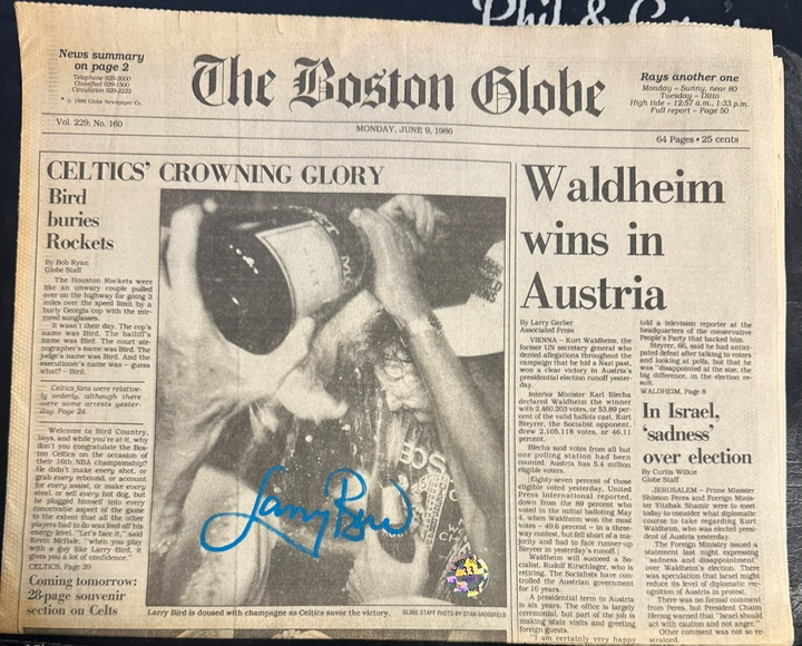 Larry Bird Autographed 6/9/1986 Issue of the Boston Globe World Champions