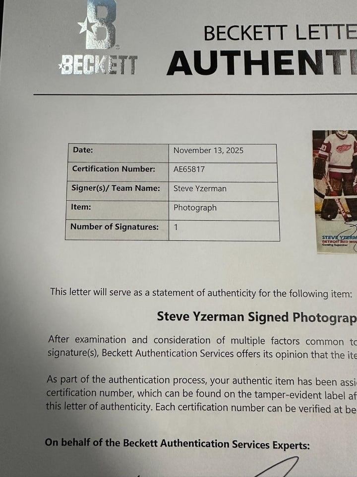 Steve Yzerman Autographed Detroit Red Wings 8x10 Photo Framed BAS HOF