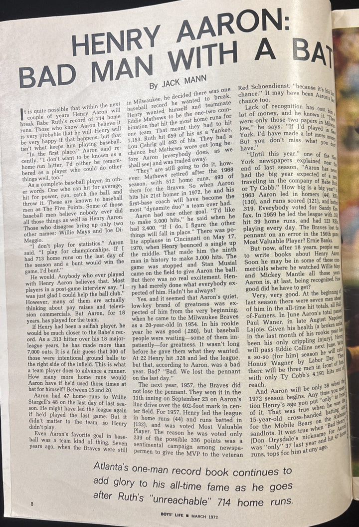 March 1972 Boys Life Magazine Henry Aaron Cover