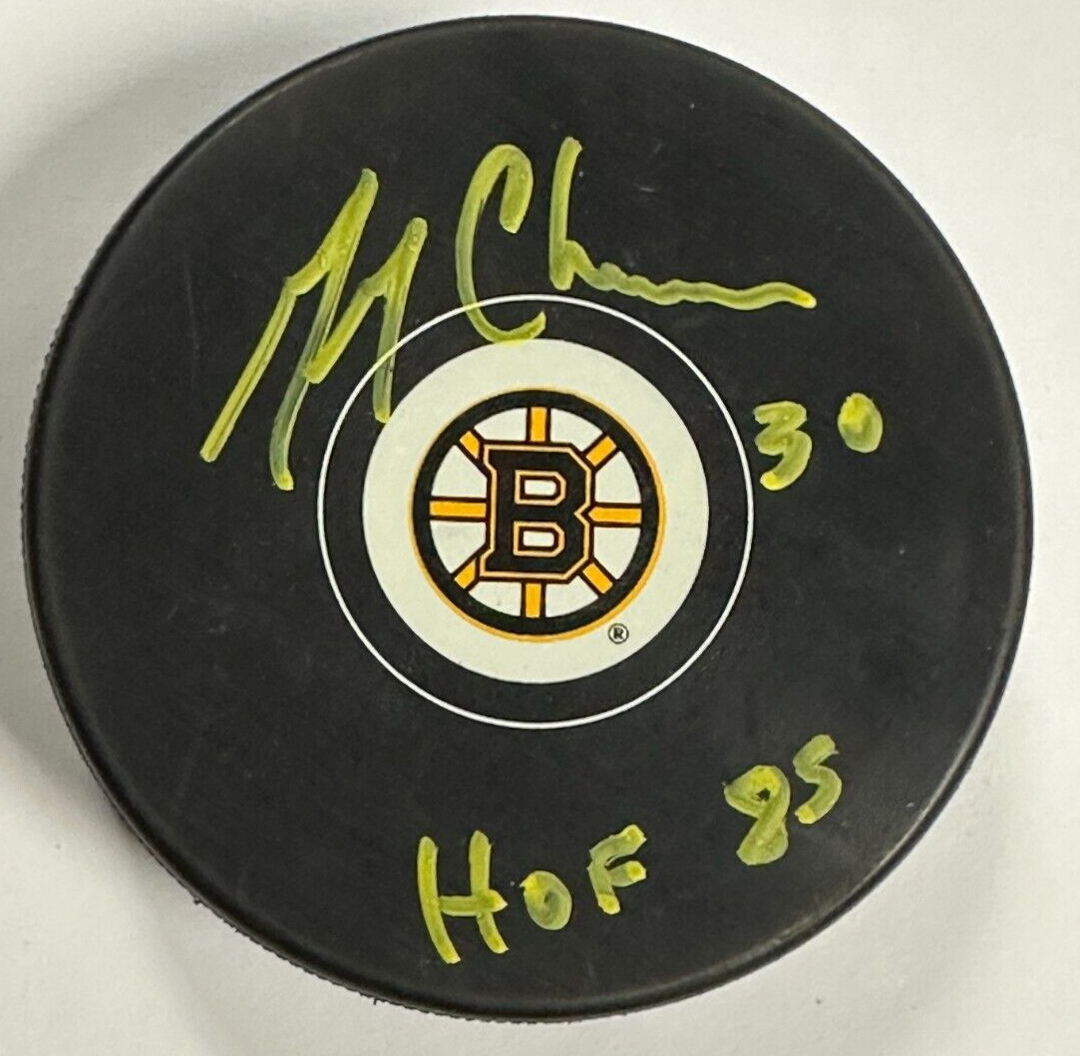 Gerry Cheevers Autographed Boston Bruins Puck W/ HOF 05