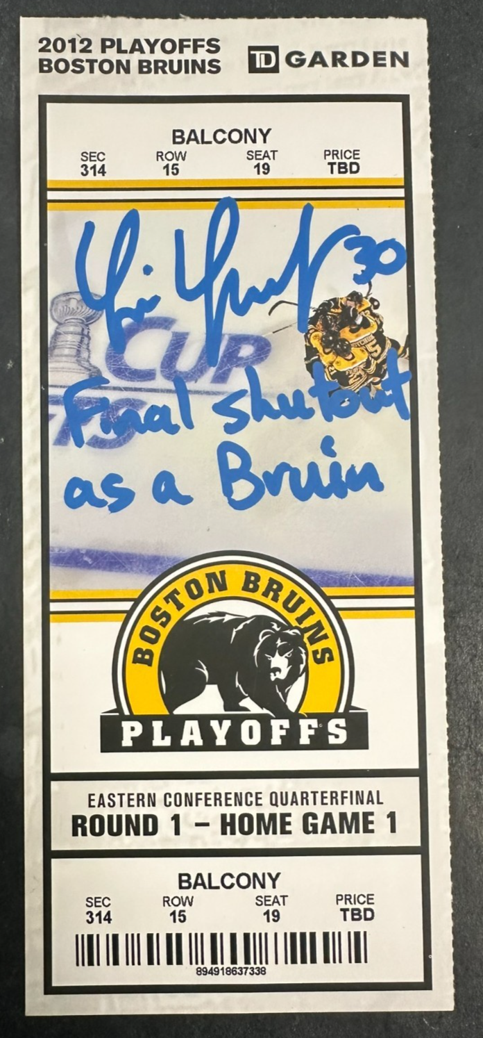 Tim Thomas Autographed Final Shutout as a Boston Bruins Ticket JSA