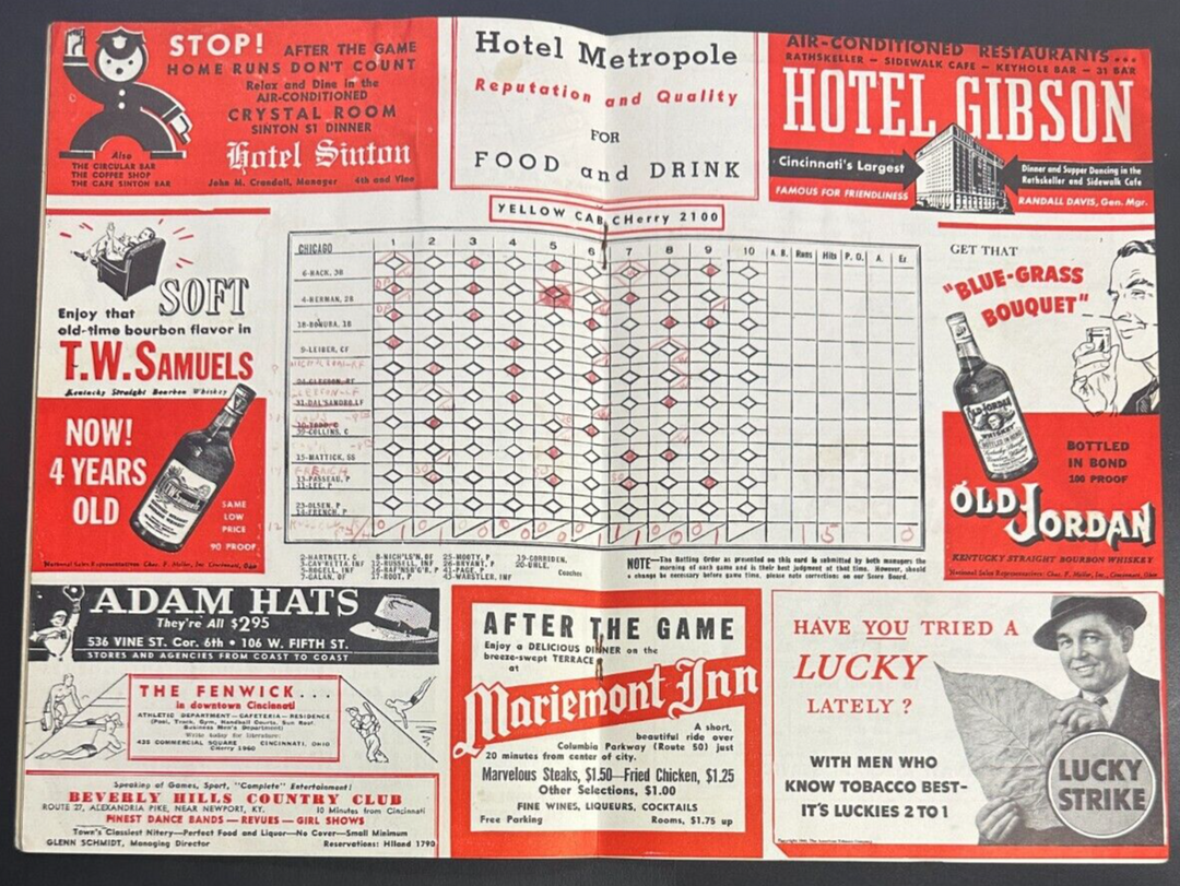 Sept 10, 1940 Cincinnati Reds & Chicago Cubs Program Scored 2-1 Reds