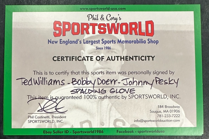 Ted Williams John Pesky & Bobby Doerr Autographed Spalding Baseball Glove HOF