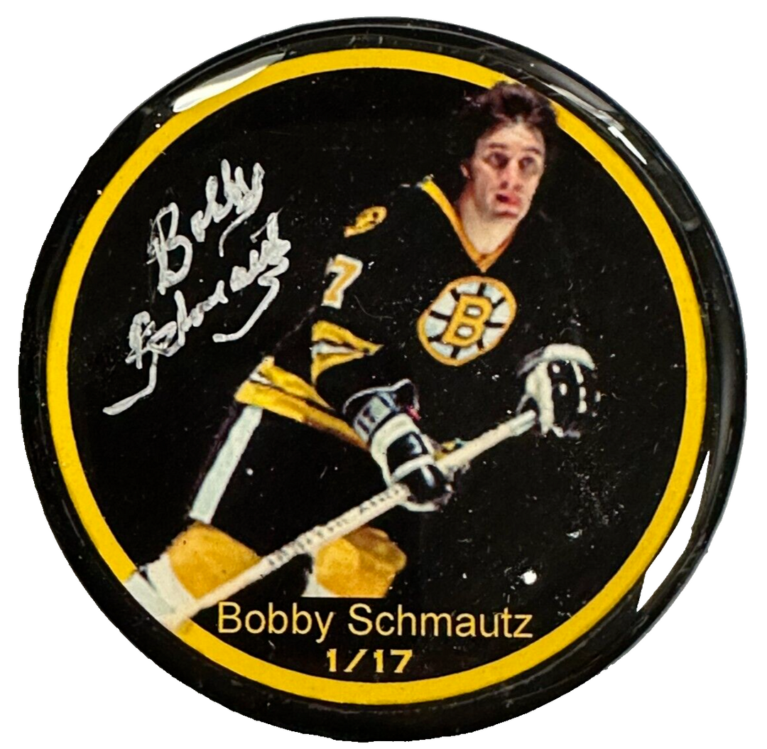 Bobby Schmautz Autographed Boston Bruins Photo Puck BAS