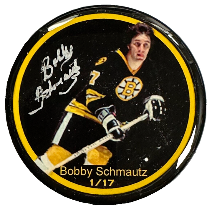 Bobby Schmautz Autographed Boston Bruins Photo Puck BAS